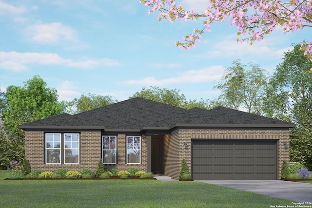 view of front of home with a front lawn and a garage