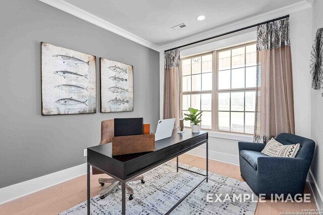 office space with ornamental molding and hardwood / wood-style floors