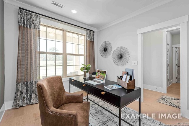 office featuring crown molding and light wood-type flooring