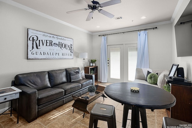 tiled living room featuring ornamental molding and ceiling fan