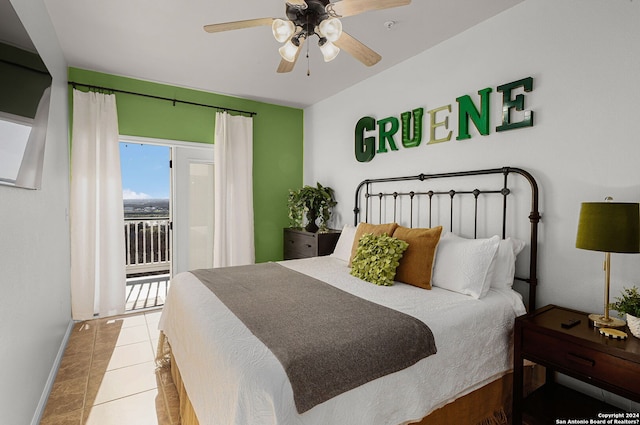 tiled bedroom featuring access to exterior and ceiling fan