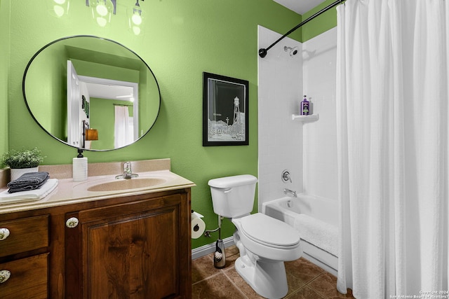 full bathroom featuring shower / tub combo with curtain, tile flooring, toilet, and vanity