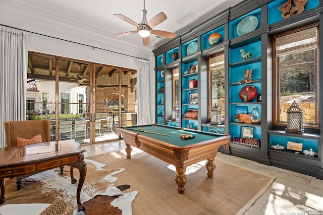 game room with ceiling fan and pool table