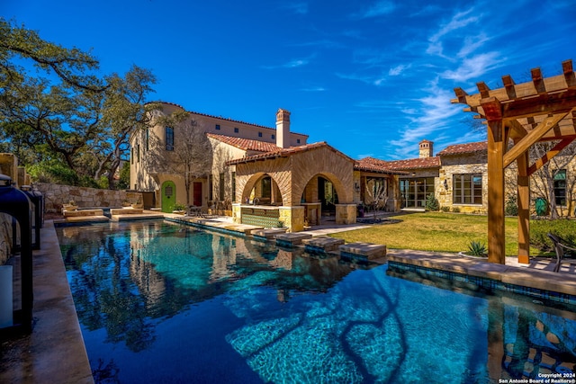 view of swimming pool with a lawn, a patio area, and a pergola