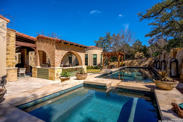 view of pool with a pergola, an in ground hot tub, and a patio