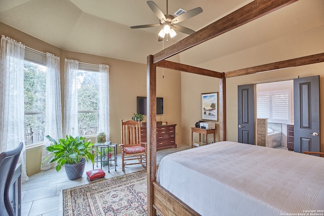 bedroom featuring ceiling fan and light tile patterned floors