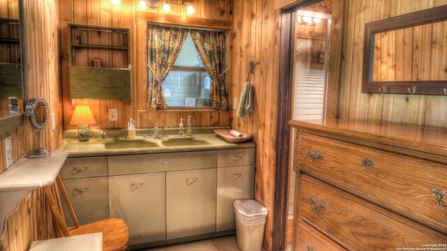 bathroom featuring wooden walls and vanity