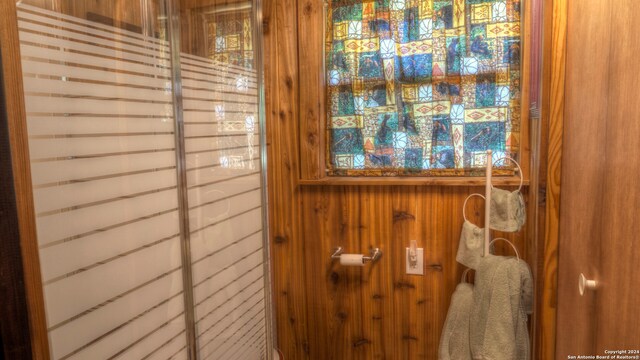 bathroom featuring wood walls