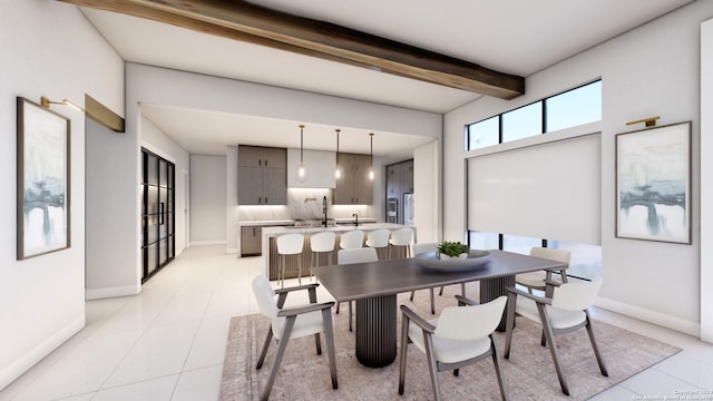 tiled dining space with beam ceiling