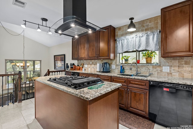 kitchen with decorative light fixtures, black appliances, a center island, a chandelier, and island range hood