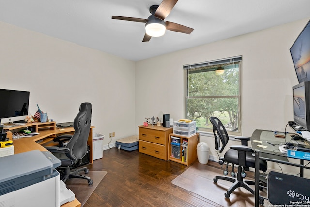 office area featuring ceiling fan and dark hardwood / wood-style flooring