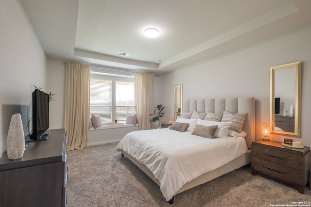 bedroom featuring carpet floors and a tray ceiling