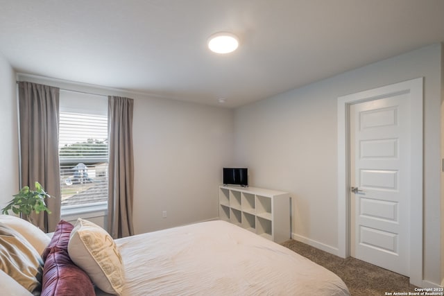 bedroom featuring dark colored carpet