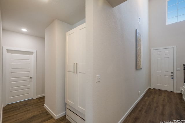 corridor featuring dark wood-type flooring