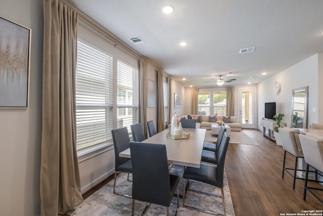 dining area featuring ceiling fan and wood-type flooring