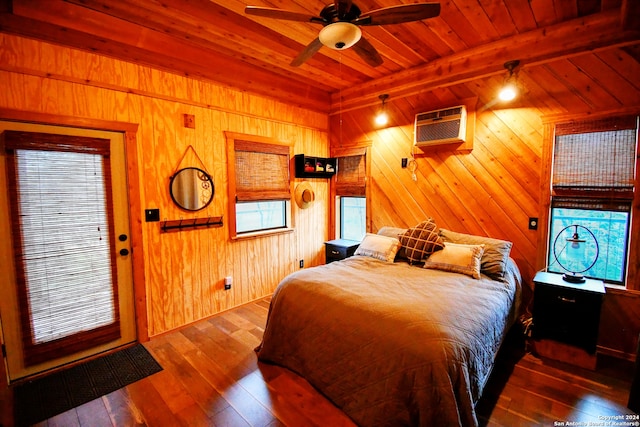 bedroom featuring beam ceiling, wood walls, wooden ceiling, and hardwood / wood-style flooring