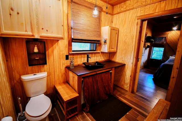 bathroom featuring wooden walls, vanity, toilet, and hardwood / wood-style floors