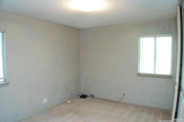 empty room with light colored carpet and a textured ceiling