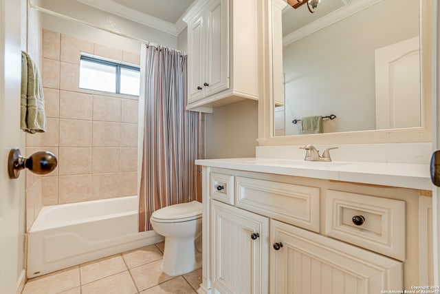 full bathroom featuring tile flooring, vanity with extensive cabinet space, toilet, shower / tub combo, and crown molding