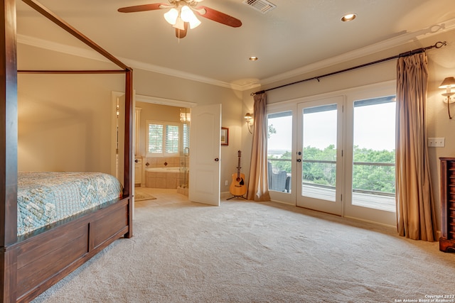 bedroom with ceiling fan, light carpet, access to outside, ensuite bath, and ornamental molding