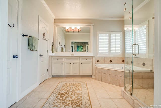 bathroom featuring large vanity, a textured ceiling, independent shower and bath, crown molding, and tile floors