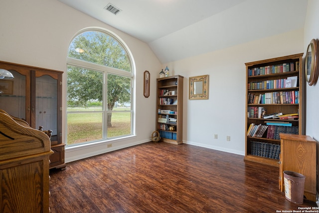 interior space with lofted ceiling and dark hardwood / wood-style floors