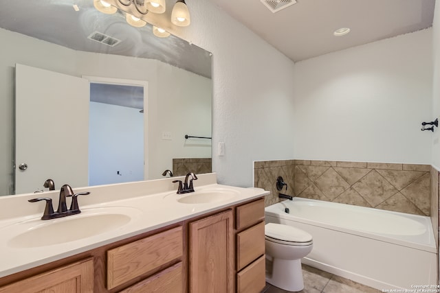 bathroom with dual bowl vanity, tile flooring, toilet, and a tub