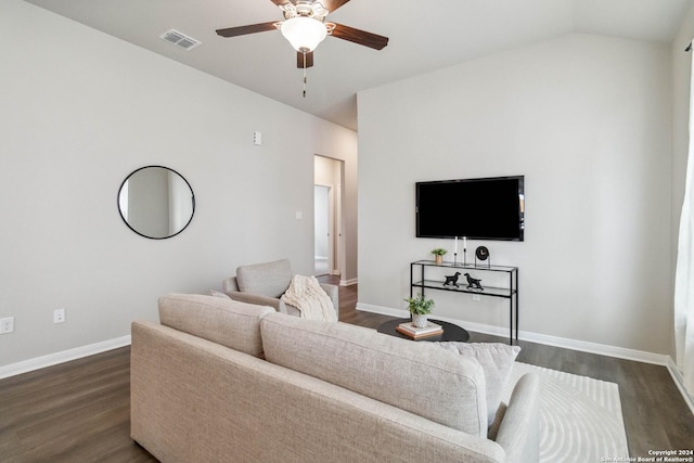 living room featuring ceiling fan, dark hardwood / wood-style flooring, and lofted ceiling