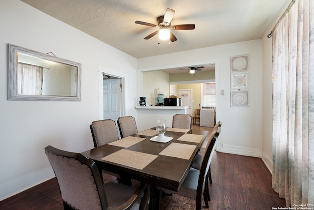 dining area featuring dark hardwood / wood-style floors and ceiling fan