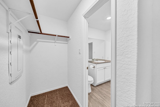 walk in closet featuring light wood-type flooring and sink