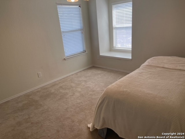 bedroom featuring light colored carpet