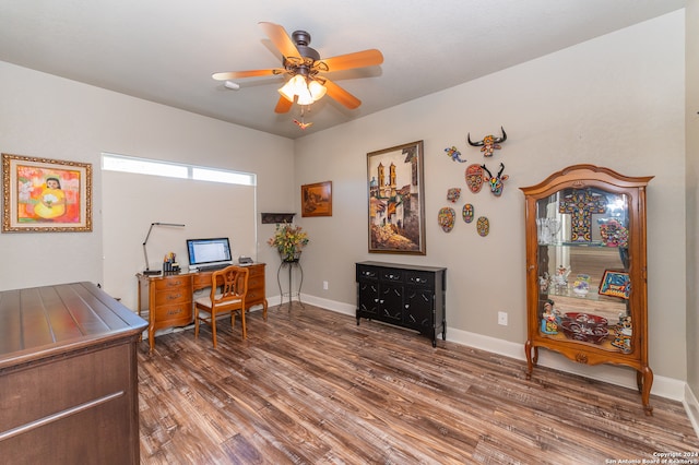 office area with ceiling fan and hardwood / wood-style floors