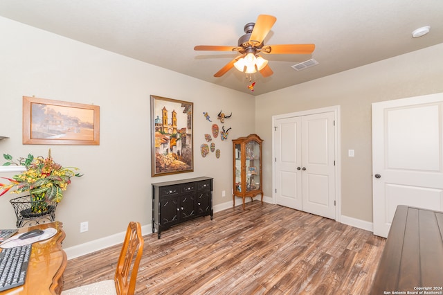 interior space featuring ceiling fan and wood-type flooring