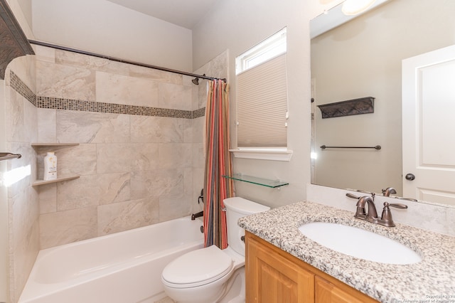 full bathroom with shower / bathtub combination with curtain, vanity, and toilet