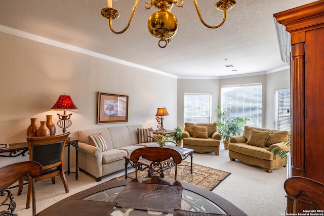 living room with light carpet, a textured ceiling, and crown molding