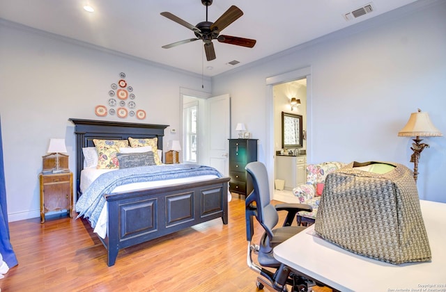 bedroom with light hardwood / wood-style flooring, ceiling fan, and crown molding