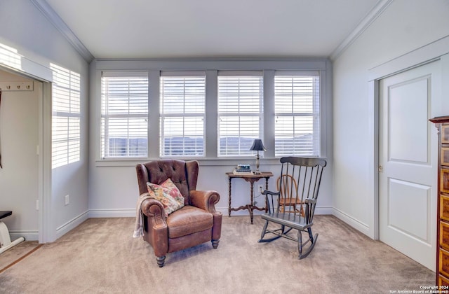 sitting room with light carpet, crown molding, and a healthy amount of sunlight