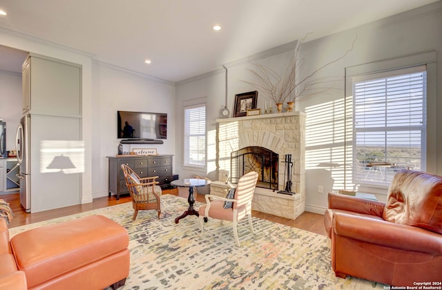 living room featuring light wood-type flooring, a stone fireplace, and a wealth of natural light