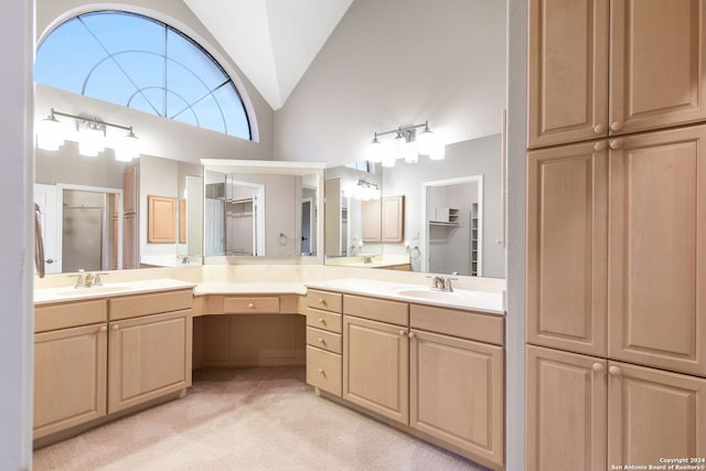 bathroom with vanity and lofted ceiling