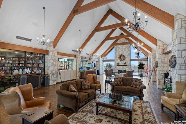 living room featuring ornate columns, high vaulted ceiling, a notable chandelier, and beamed ceiling