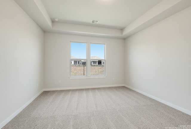 spare room with a tray ceiling and carpet flooring