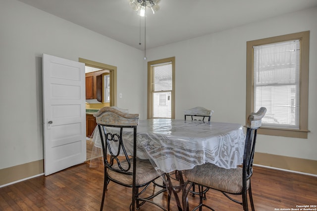 dining room featuring ceiling fan and dark wood-type flooring