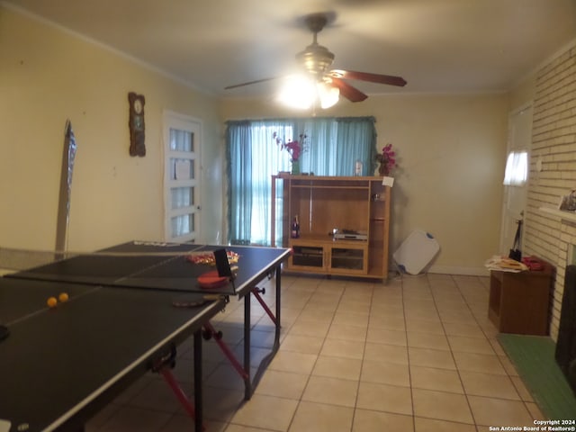 game room featuring ceiling fan and light tile floors