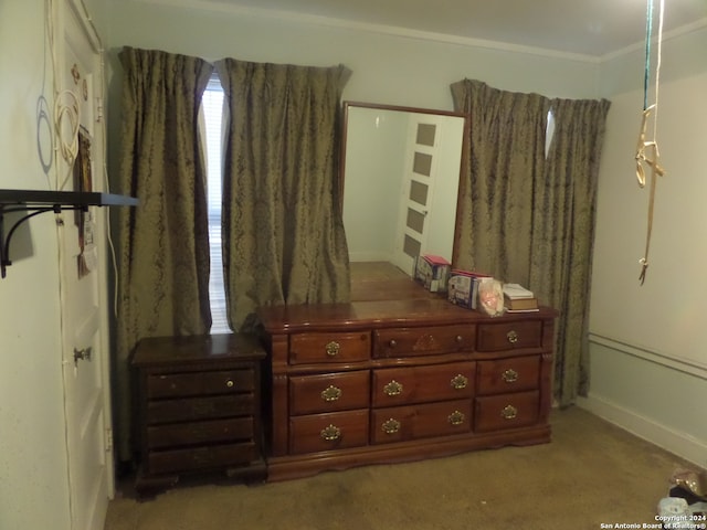 bedroom featuring light colored carpet