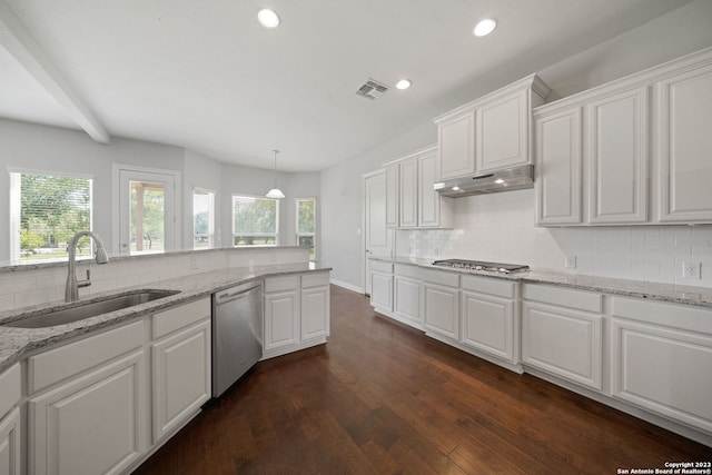 kitchen with appliances with stainless steel finishes, sink, white cabinetry, and dark hardwood / wood-style flooring