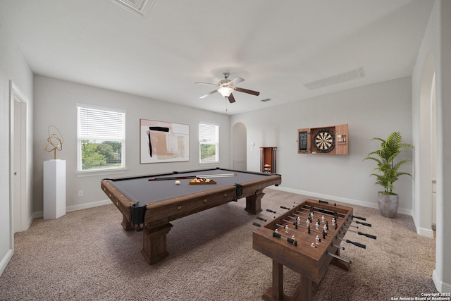 playroom with ceiling fan, light carpet, and billiards