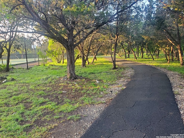 view of property's community featuring a lawn and fence