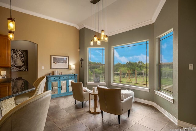 interior space with tile floors and a chandelier