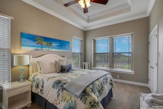 carpeted bedroom featuring a raised ceiling, ornamental molding, ceiling fan, and multiple windows