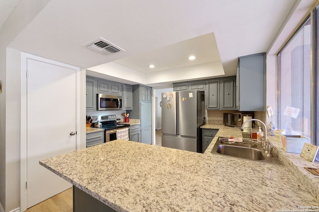 kitchen featuring a raised ceiling, sink, stainless steel appliances, and gray cabinets